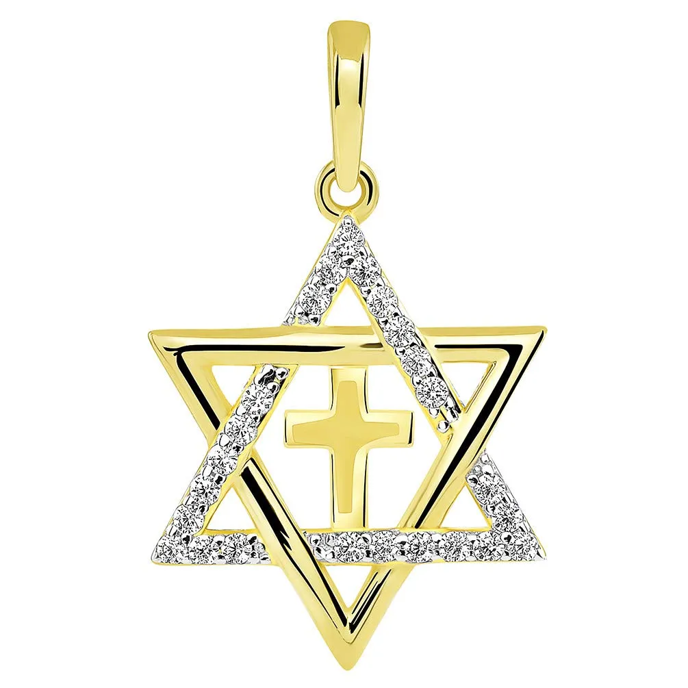 14k Gold CZ Star of David with Religious Cross Judeo Christian Pendant Figaro Necklace - Yellow Gold