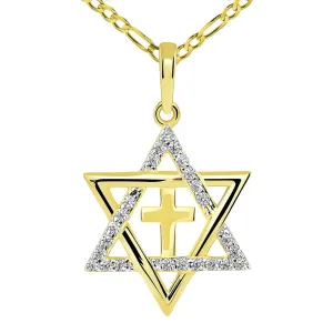 14k Gold CZ Star of David with Religious Cross Judeo Christian Pendant Figaro Necklace - Yellow Gold