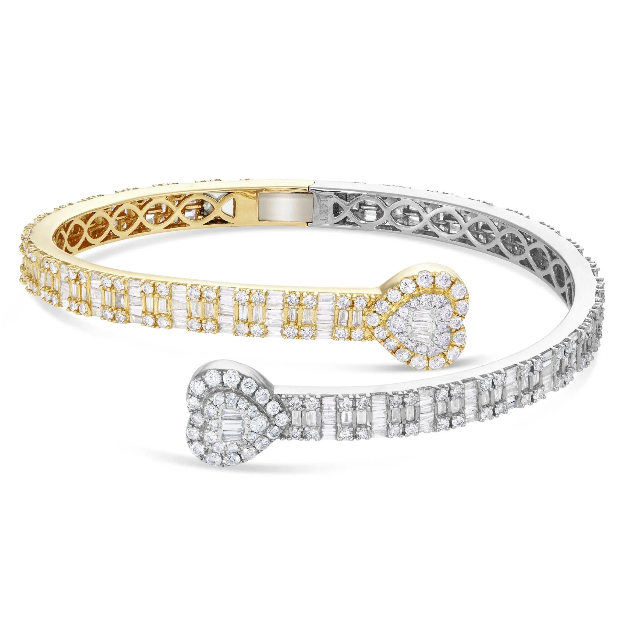 14K Gold Two Tone 4.69ct Baguette Diamond Heart Bangle