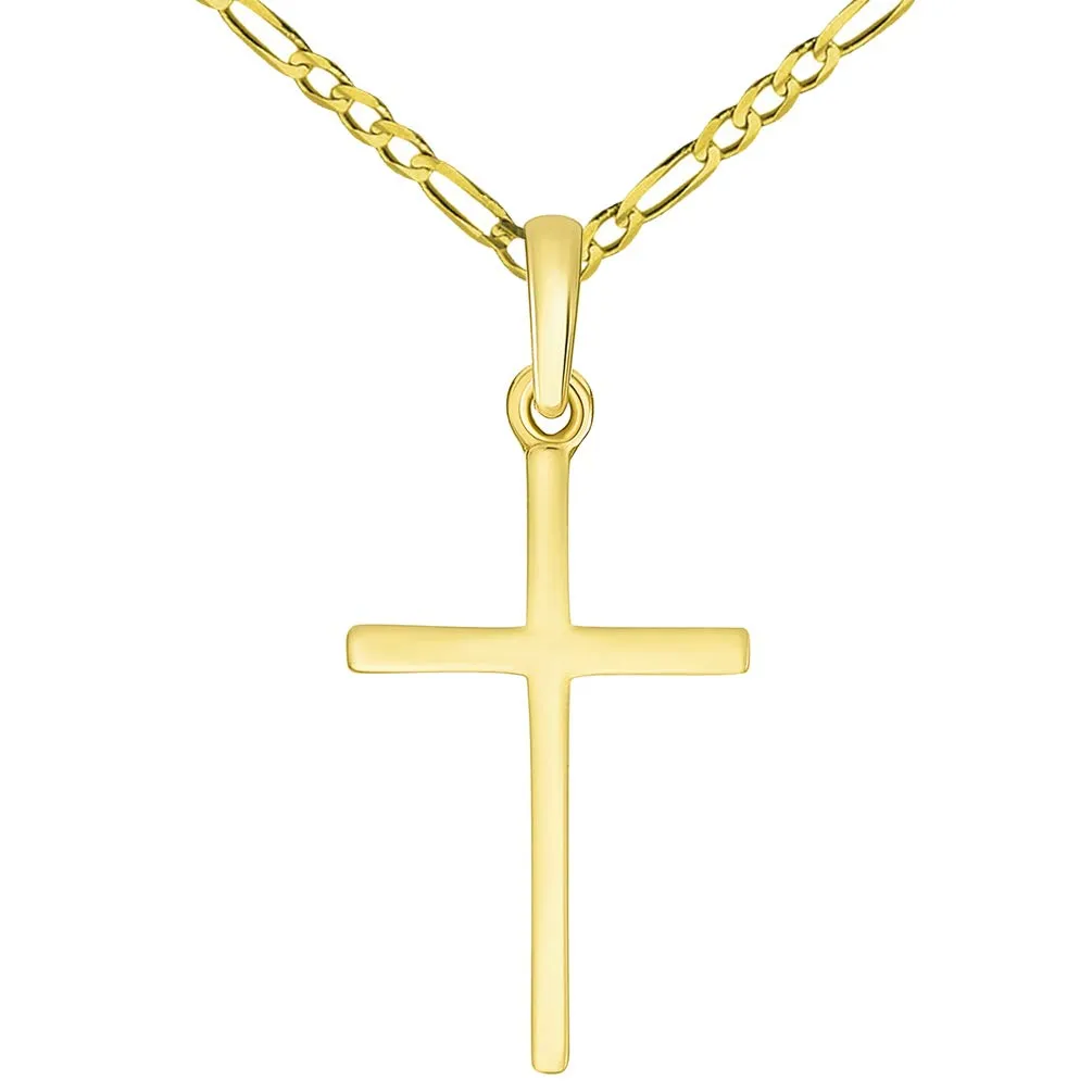 14k Solid Yellow Gold Classic Small Religious Cross Charm Pendant with Cable, Curb, or Figaro Chain Necklaces