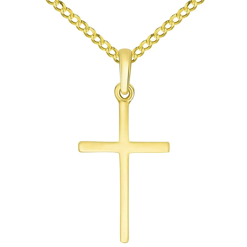 14k Solid Yellow Gold Classic Small Religious Cross Charm Pendant with Cable, Curb, or Figaro Chain Necklaces