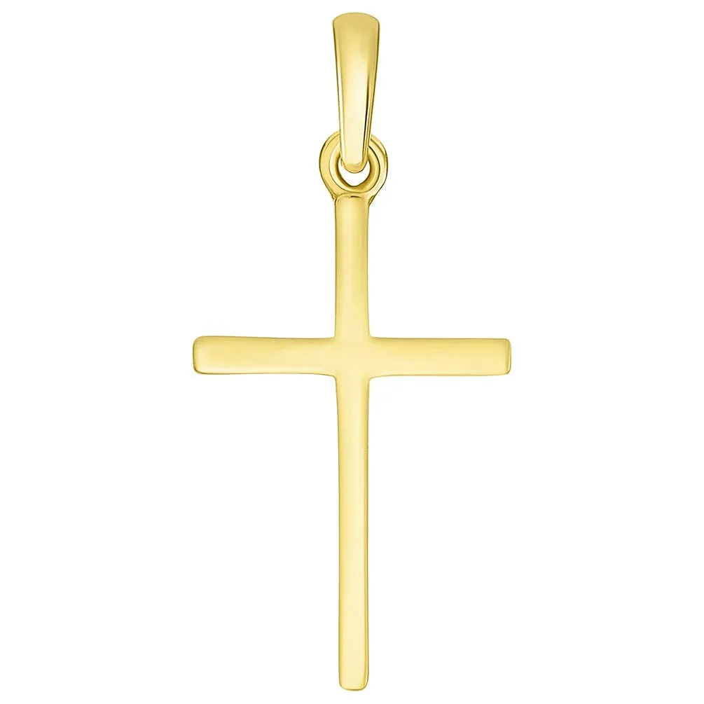 14k Solid Yellow Gold Classic Small Religious Cross Charm Pendant with Cable, Curb, or Figaro Chain Necklaces