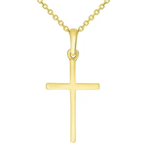 14k Solid Yellow Gold Classic Small Religious Cross Charm Pendant with Cable, Curb, or Figaro Chain Necklaces