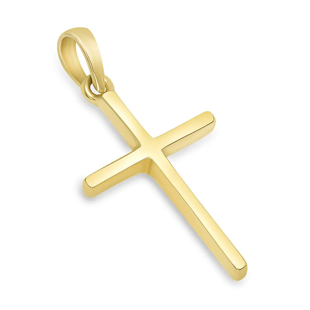 14k Solid Yellow Gold Classic Small Religious Cross Charm Pendant with Cable, Curb, or Figaro Chain Necklaces