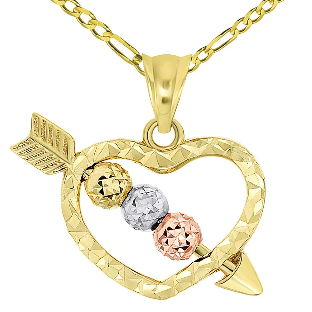 14k Tri-Color Gold Beaded Cupid's Love Arrow Through Textured Small Heart Pendant Necklace with Cable, Curb, or Figaro Chain