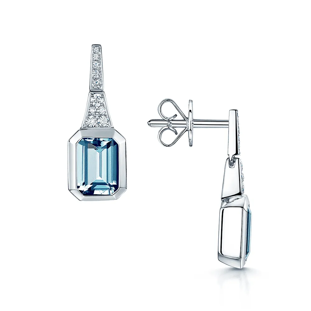 18ct White Gold Aquamarine And Diamond Fancy Rub Over Set Drop Earrings