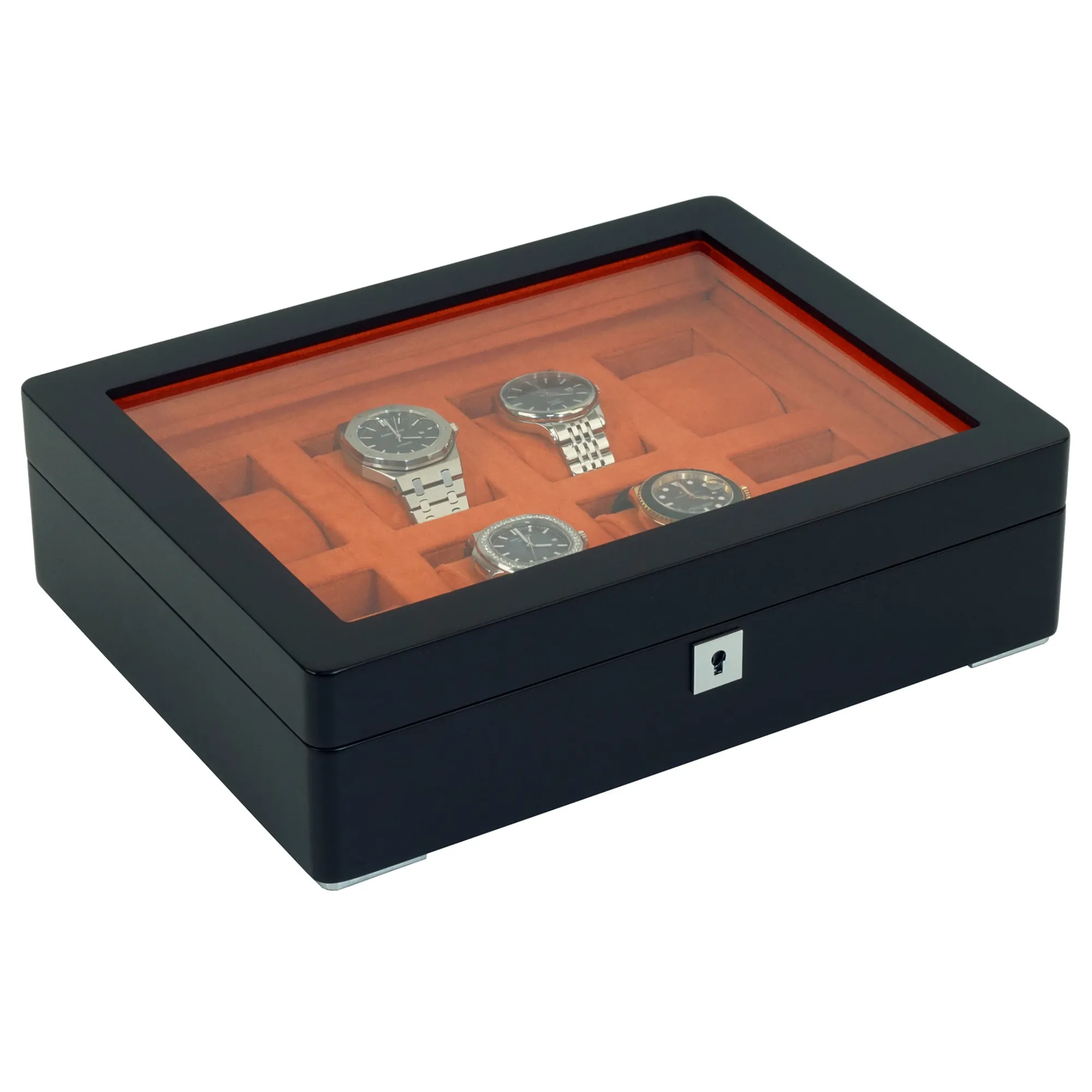 8 Slot Black Wooden Watch Box with Orange Interior