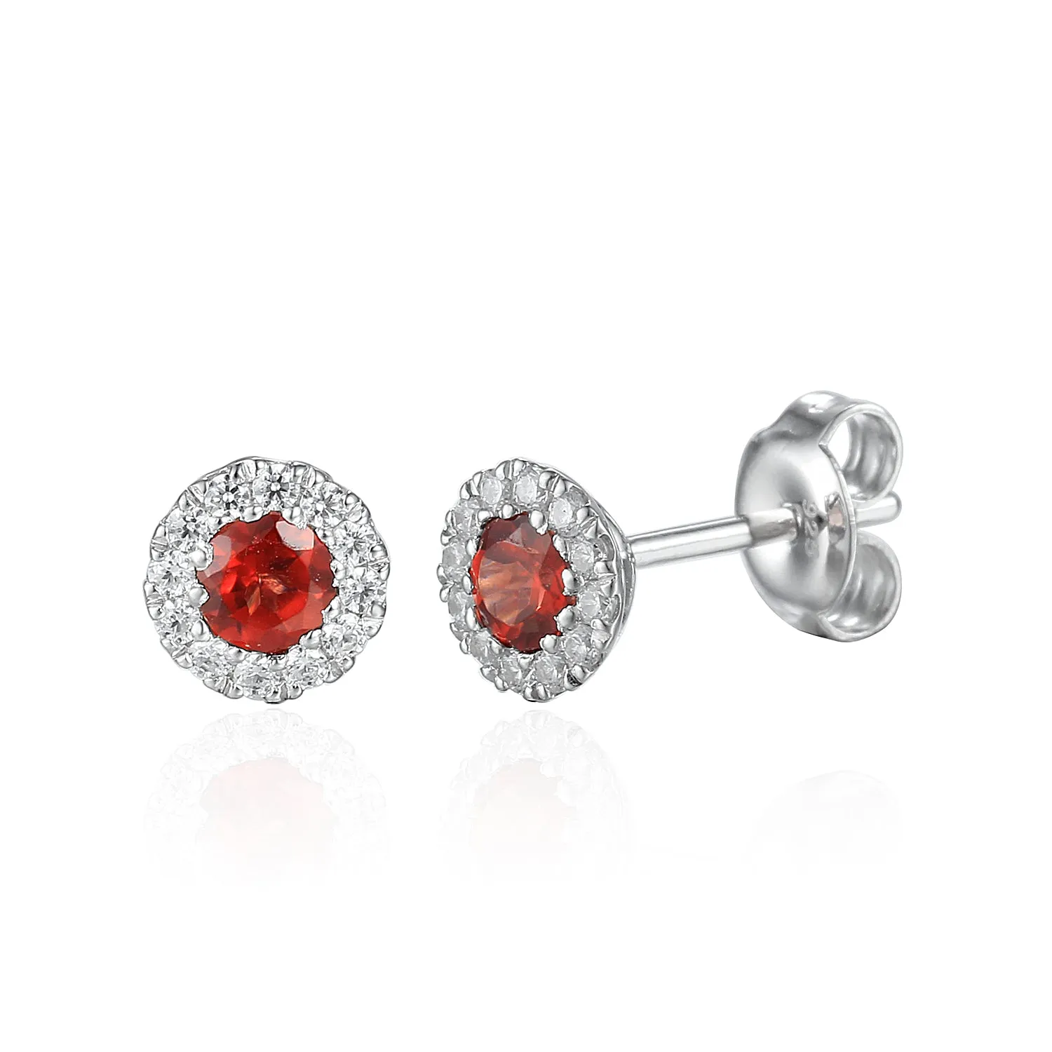 9ct White Gold Red Garnet and Diamond Cluster Birthstone Stud Earrings