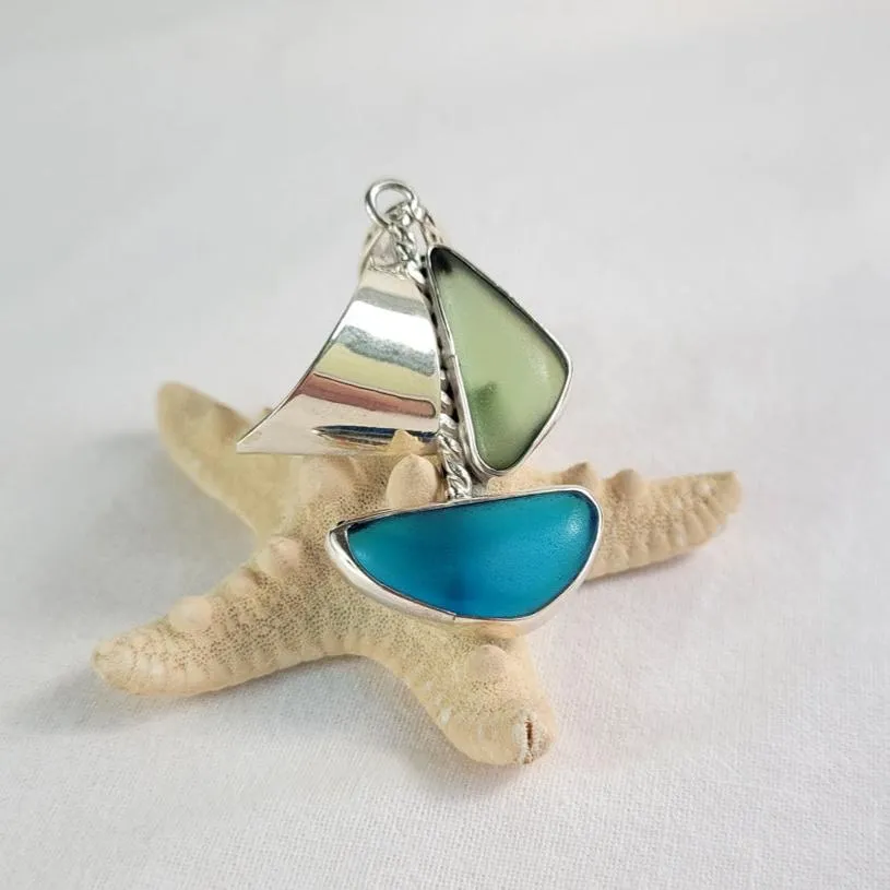 Beautiful Sea Glass Sailboat and Sterling Silver Pendant