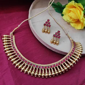 Bhavi Jewels Pota Stone Gold Plated Necklace Set