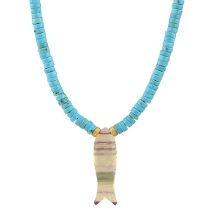 Carved Fluorite Gemstone Sardine Fish on Turquoise Beaded Necklace