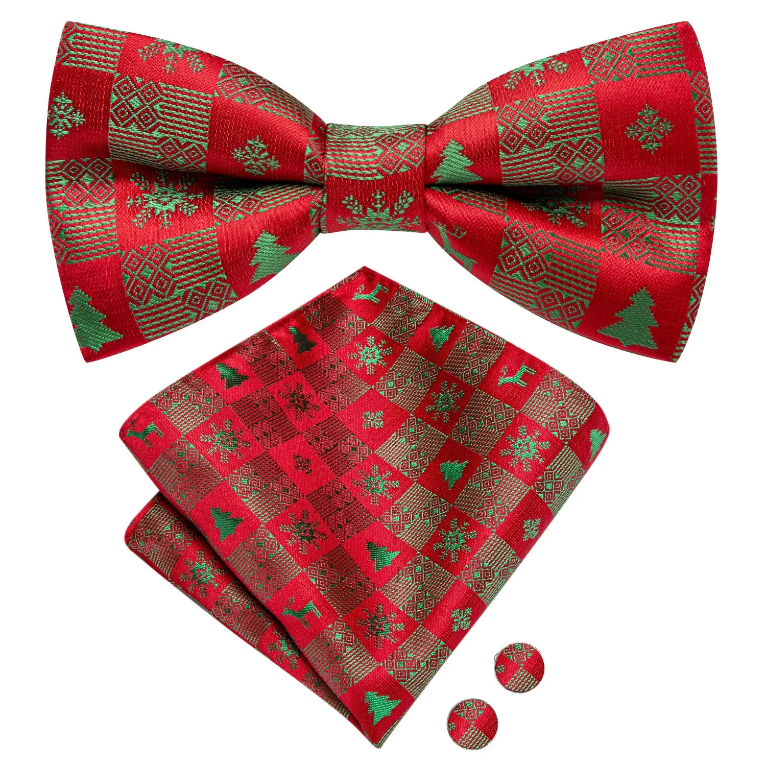 Christmas Red Green Novelty Pre-tied Bow Tie Hanky Cufflinks Set