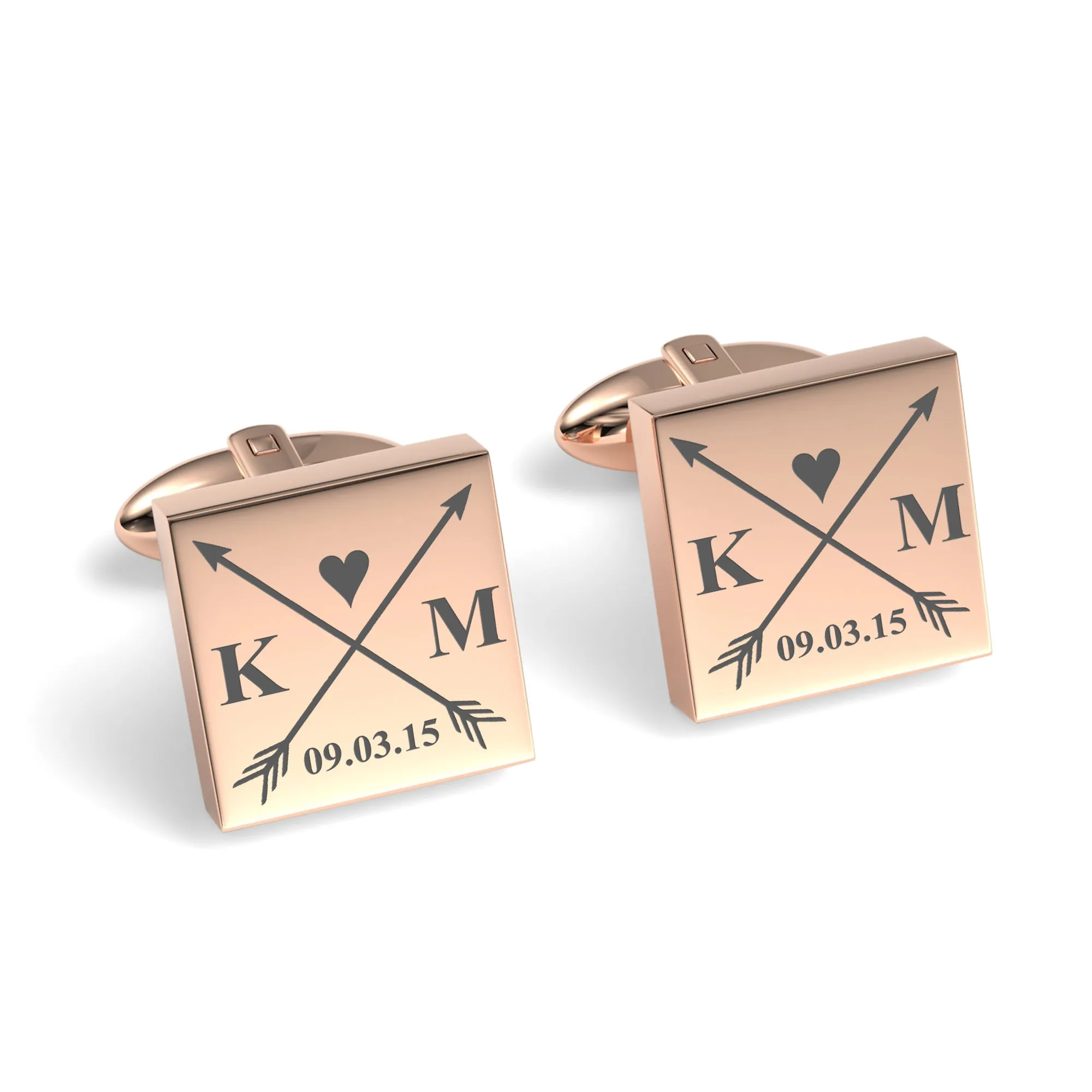 Crossed Arrows with Love Heart, Initials and Date Engraved Cufflinks