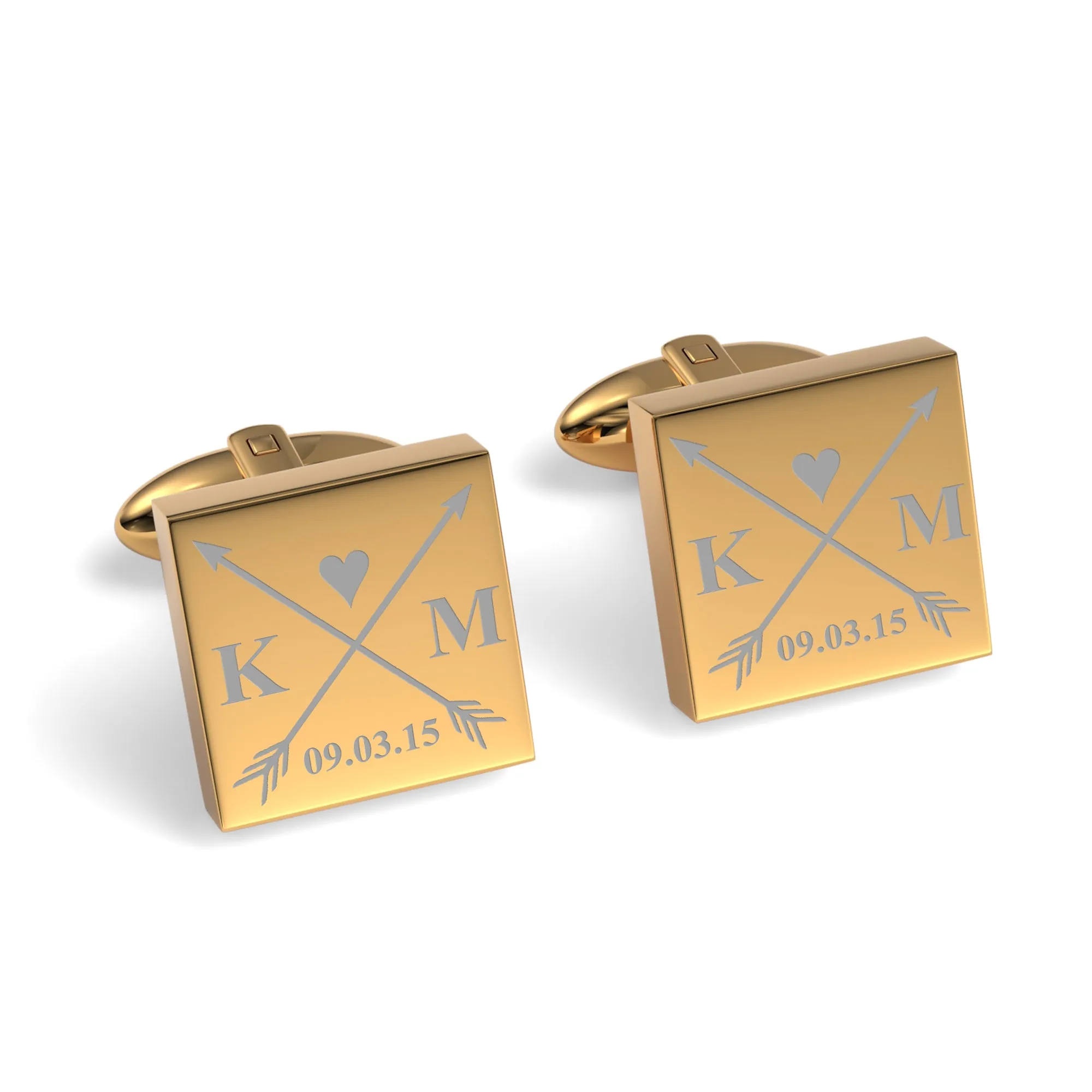 Crossed Arrows with Love Heart, Initials and Date Engraved Cufflinks