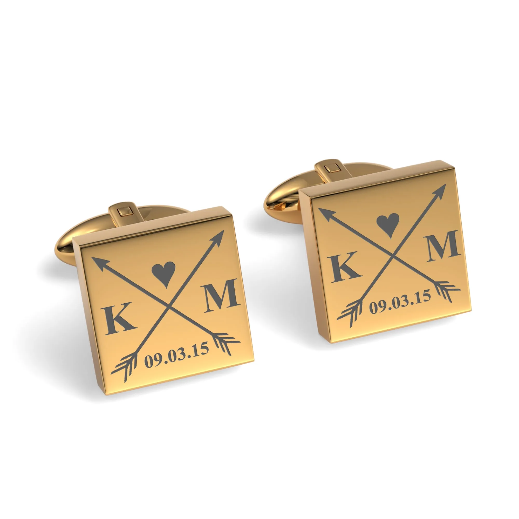 Crossed Arrows with Love Heart, Initials and Date Engraved Cufflinks