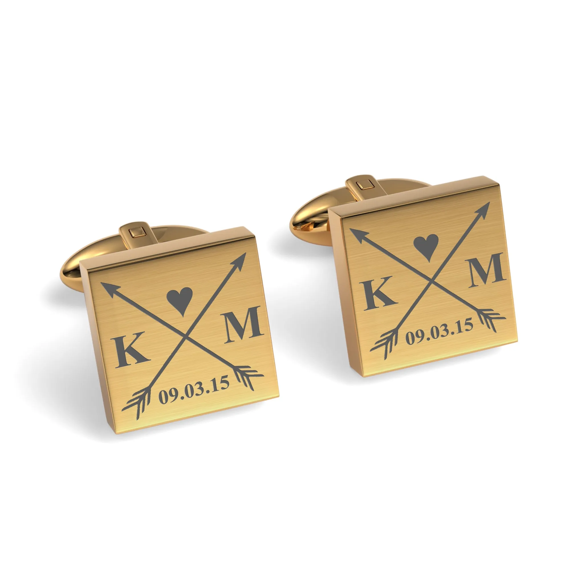 Crossed Arrows with Love Heart, Initials and Date Engraved Cufflinks