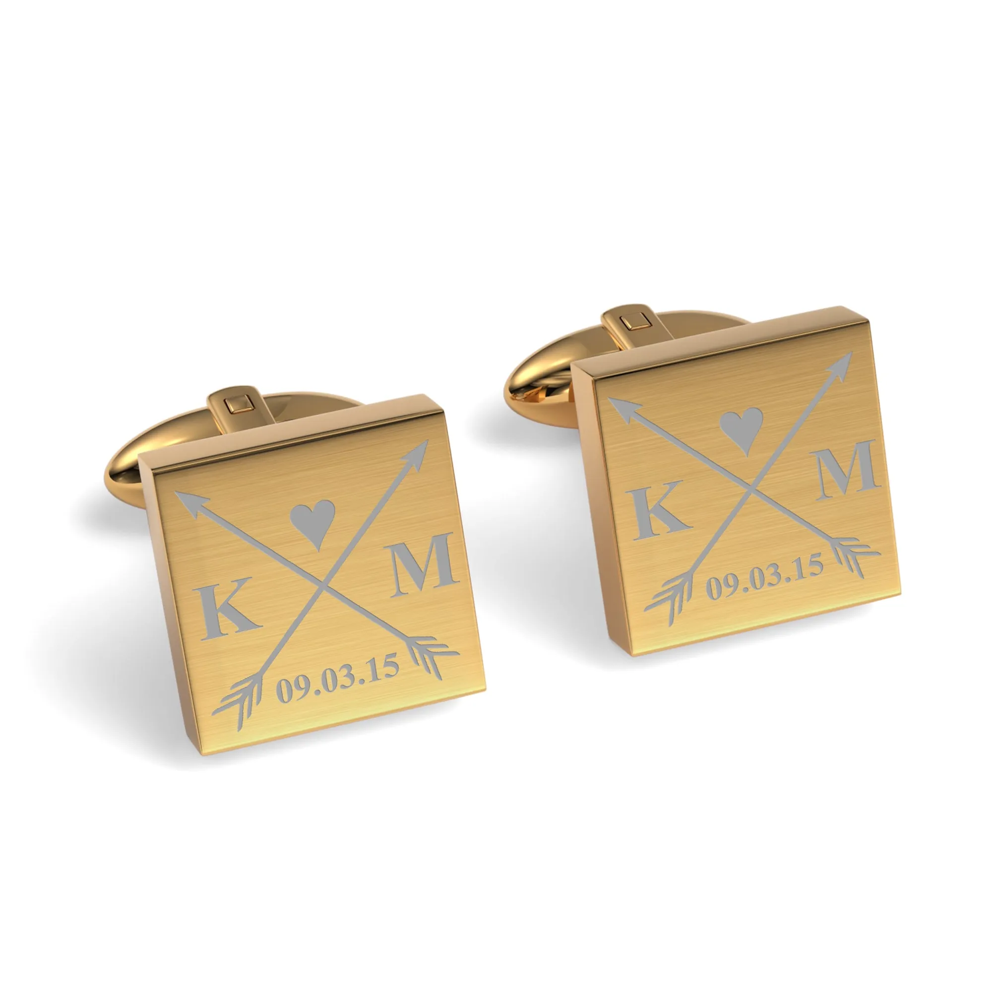 Crossed Arrows with Love Heart, Initials and Date Engraved Cufflinks