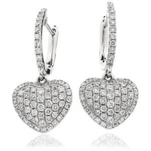 DIAMOND HEART SHAPE AND PAVE SETTING DROP EARRINGS IN 18K WHITE GOLD