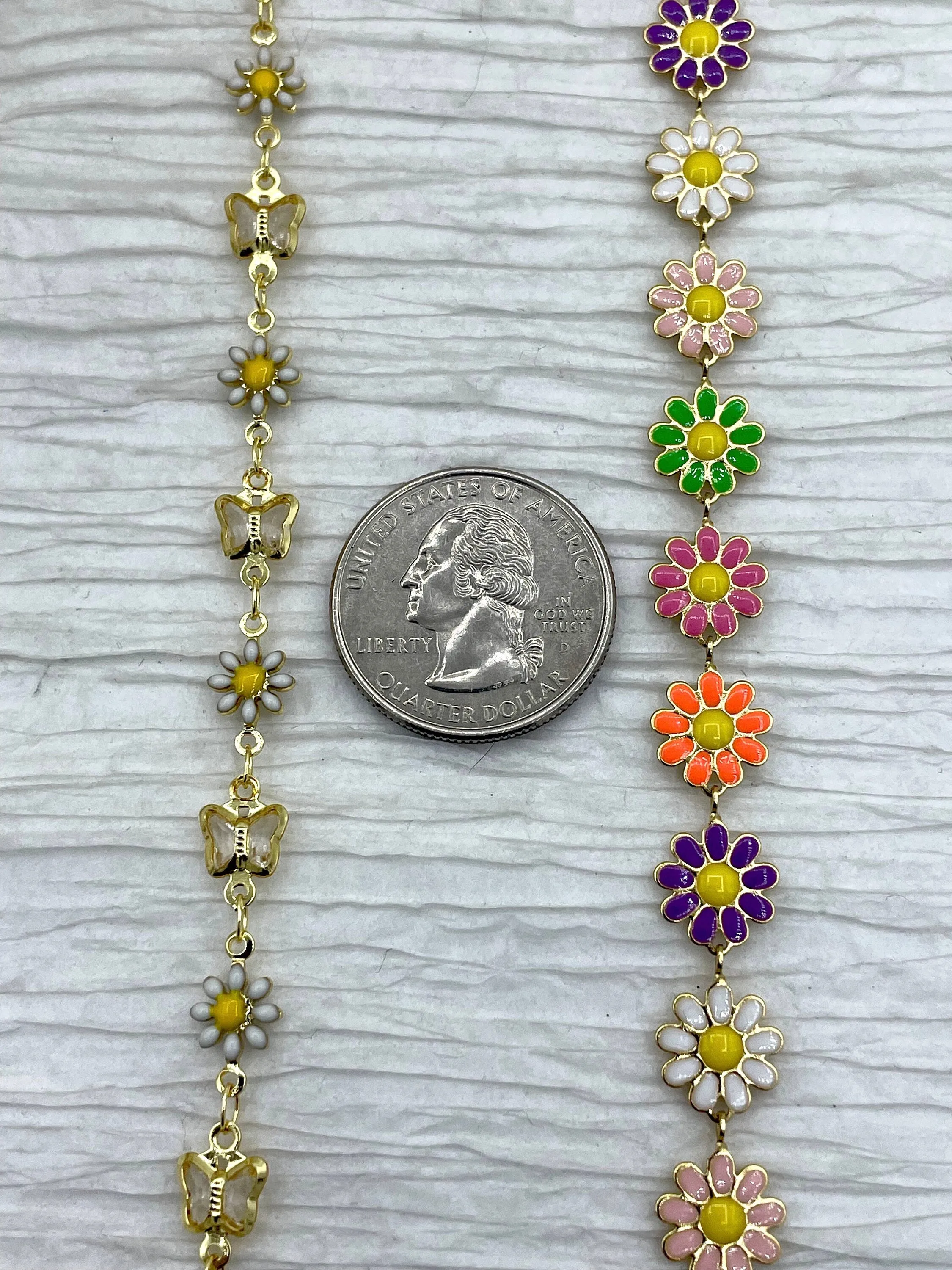 Enamel Brass Daisy chains, Gold Plated Brass Chain, Multicolor Pastel Daisies, Butterflies and Daisies, Daisy Chain, By the Foot, Fast Ship