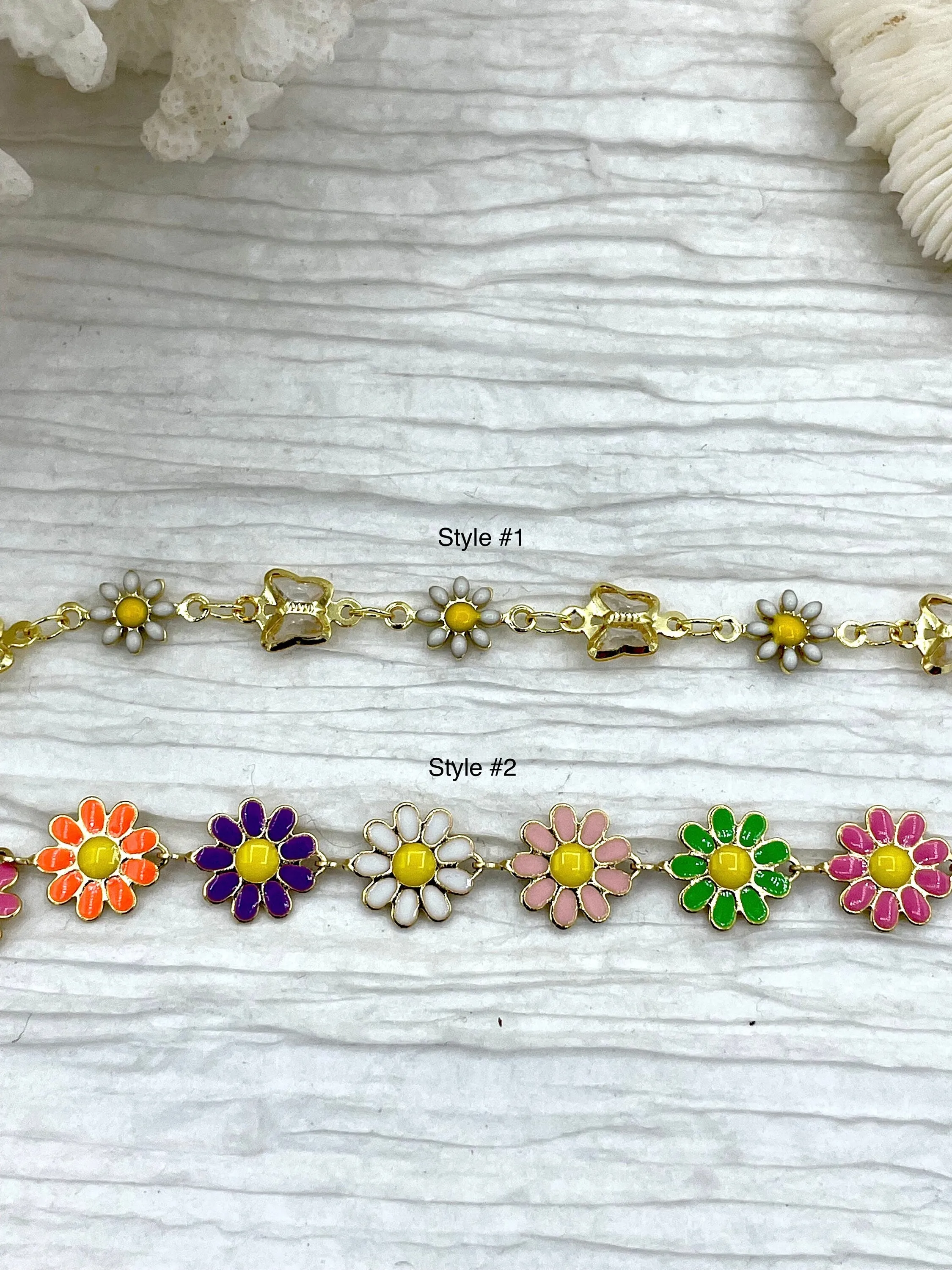 Enamel Brass Daisy chains, Gold Plated Brass Chain, Multicolor Pastel Daisies, Butterflies and Daisies, Daisy Chain, By the Foot, Fast Ship