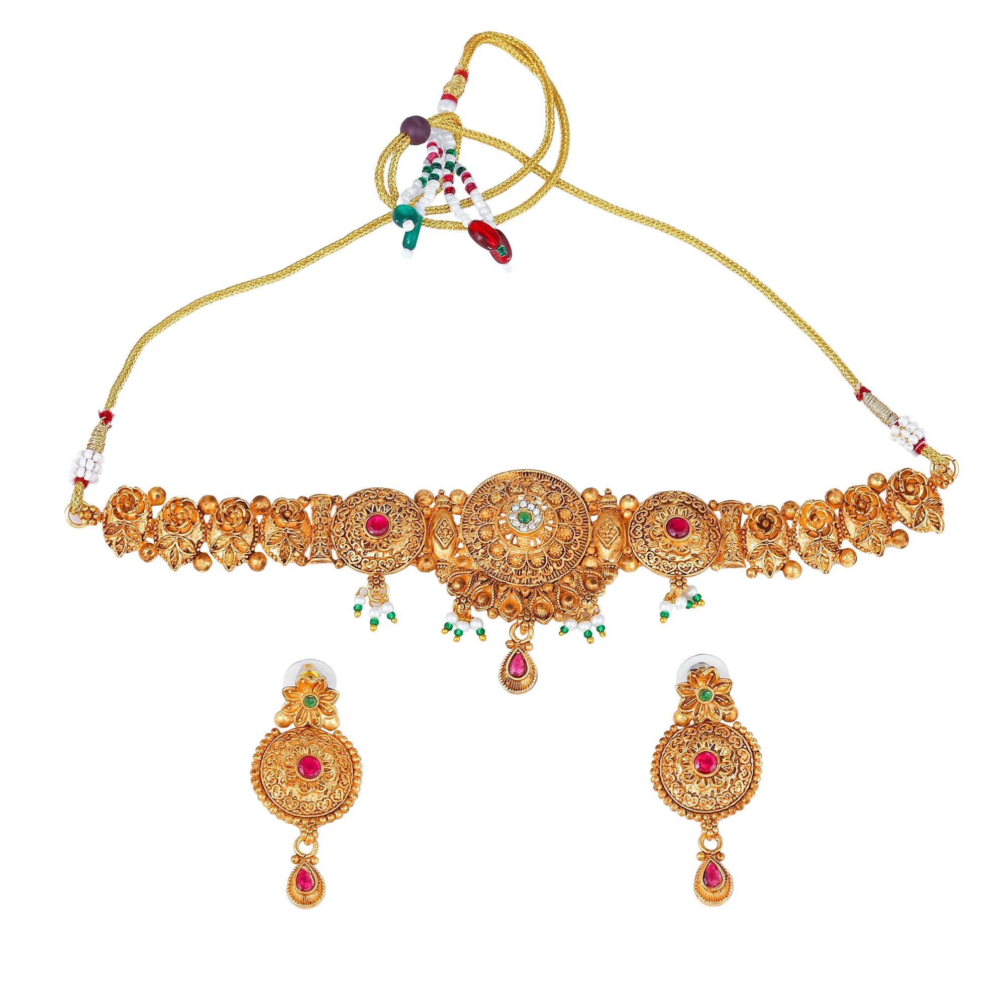 Estele Gold Plated Captivating Matte Finish Choker Necklace Set with Multi-color Crystals for Women