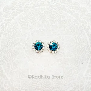 Flower  Rhinestone Earrings - 1/2 Inch Teal Blue -Silvery