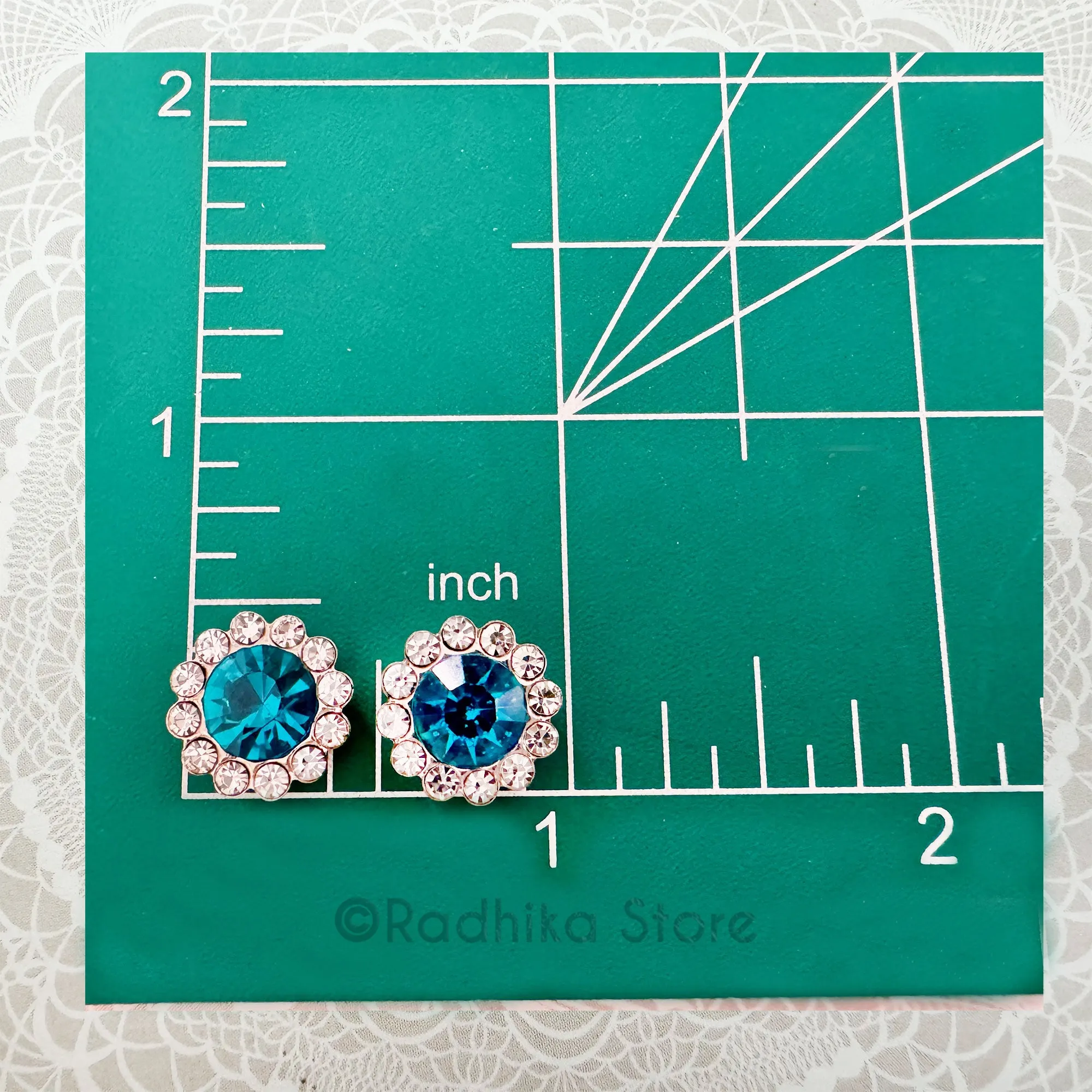 Flower  Rhinestone Earrings - 1/2 Inch Teal Blue -Silvery