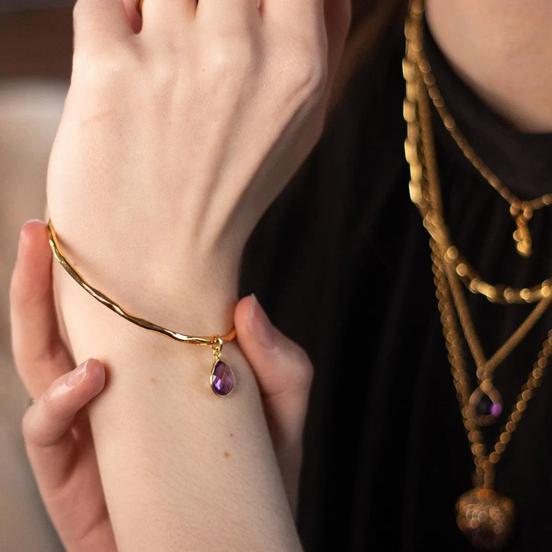 Gold Amethyst Charm Bangle - February Birthstone