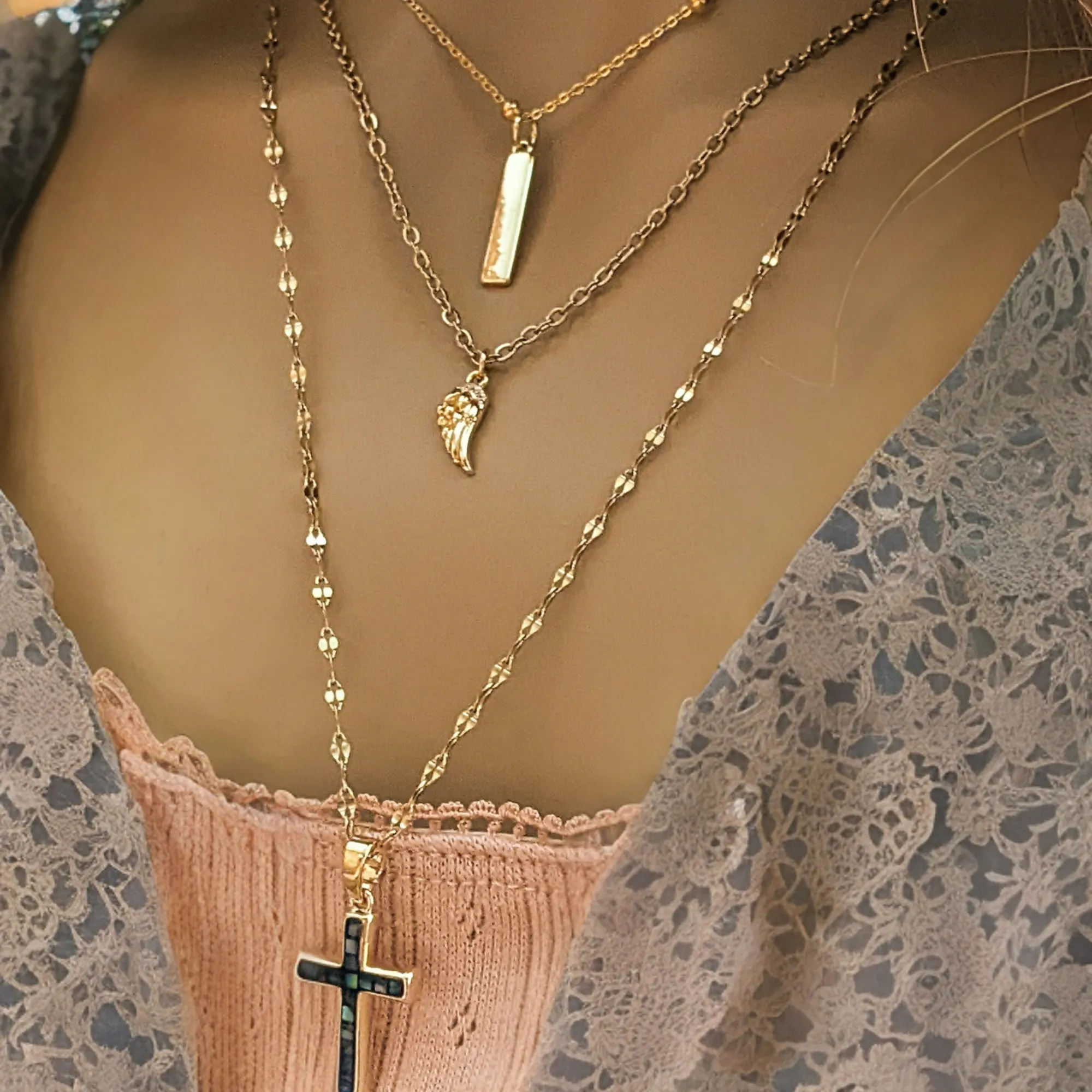 Gold Angel Wing & Cross Layered Necklace Set