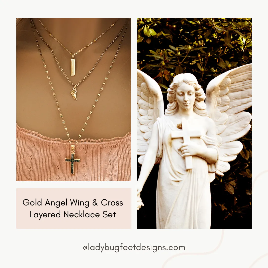 Gold Angel Wing & Cross Layered Necklace Set