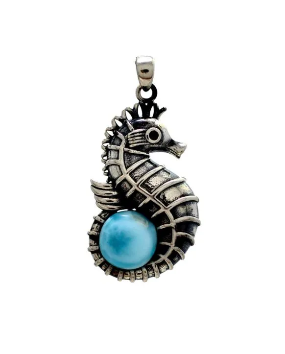 Larimar 10mm Seahorse Oxidized Sterling Silver