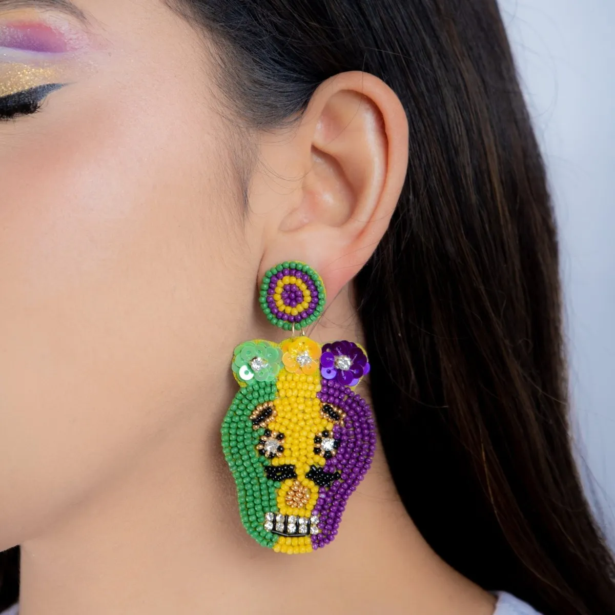 Mardi Gras Beaded Skull Earrings with Rhinestones