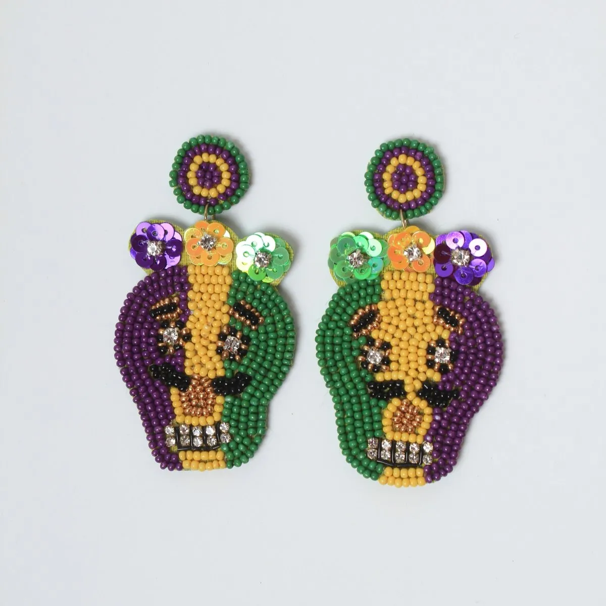 Mardi Gras Beaded Skull Earrings with Rhinestones