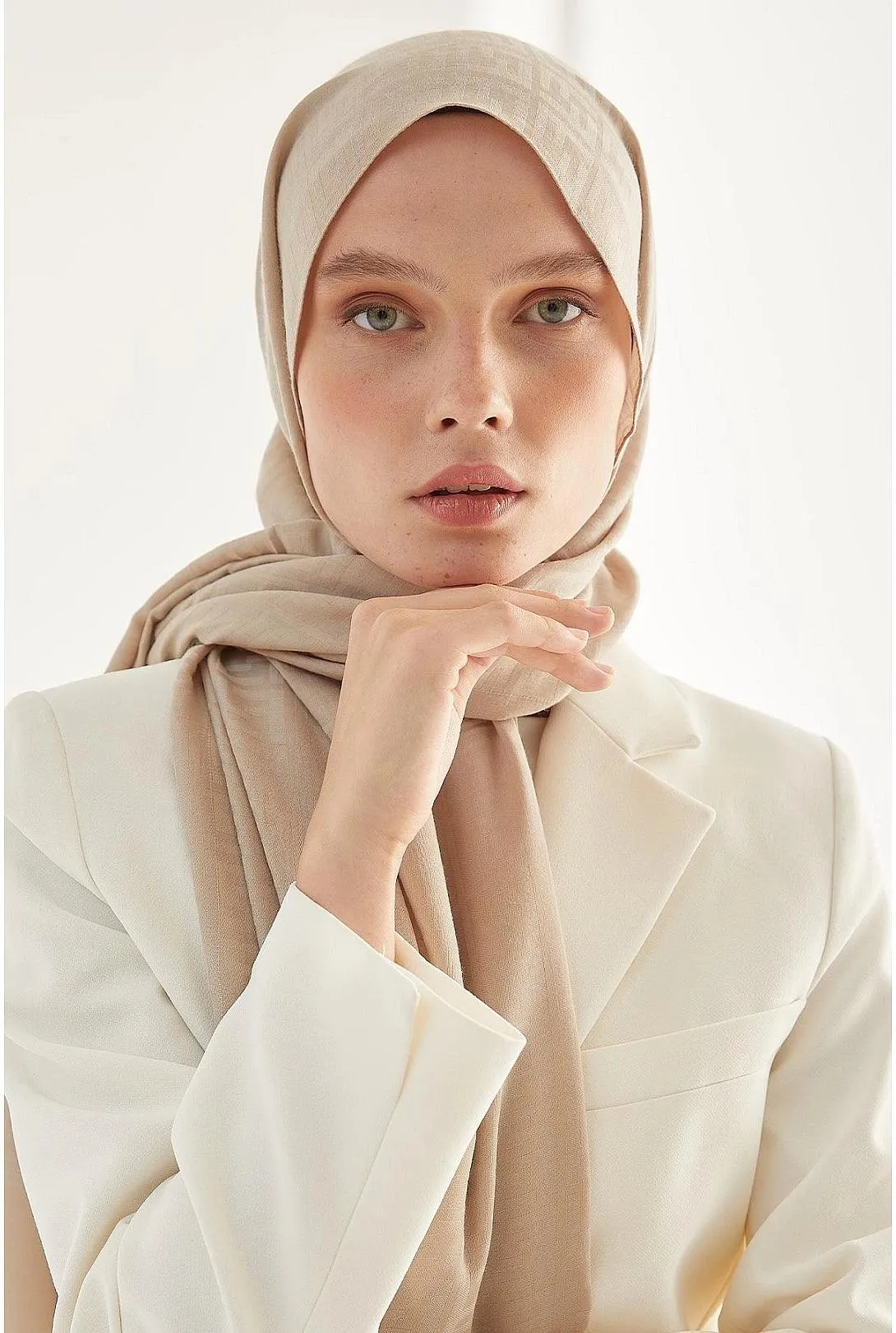 Patterned Cotton Hijab Shawl Scarf - Beige