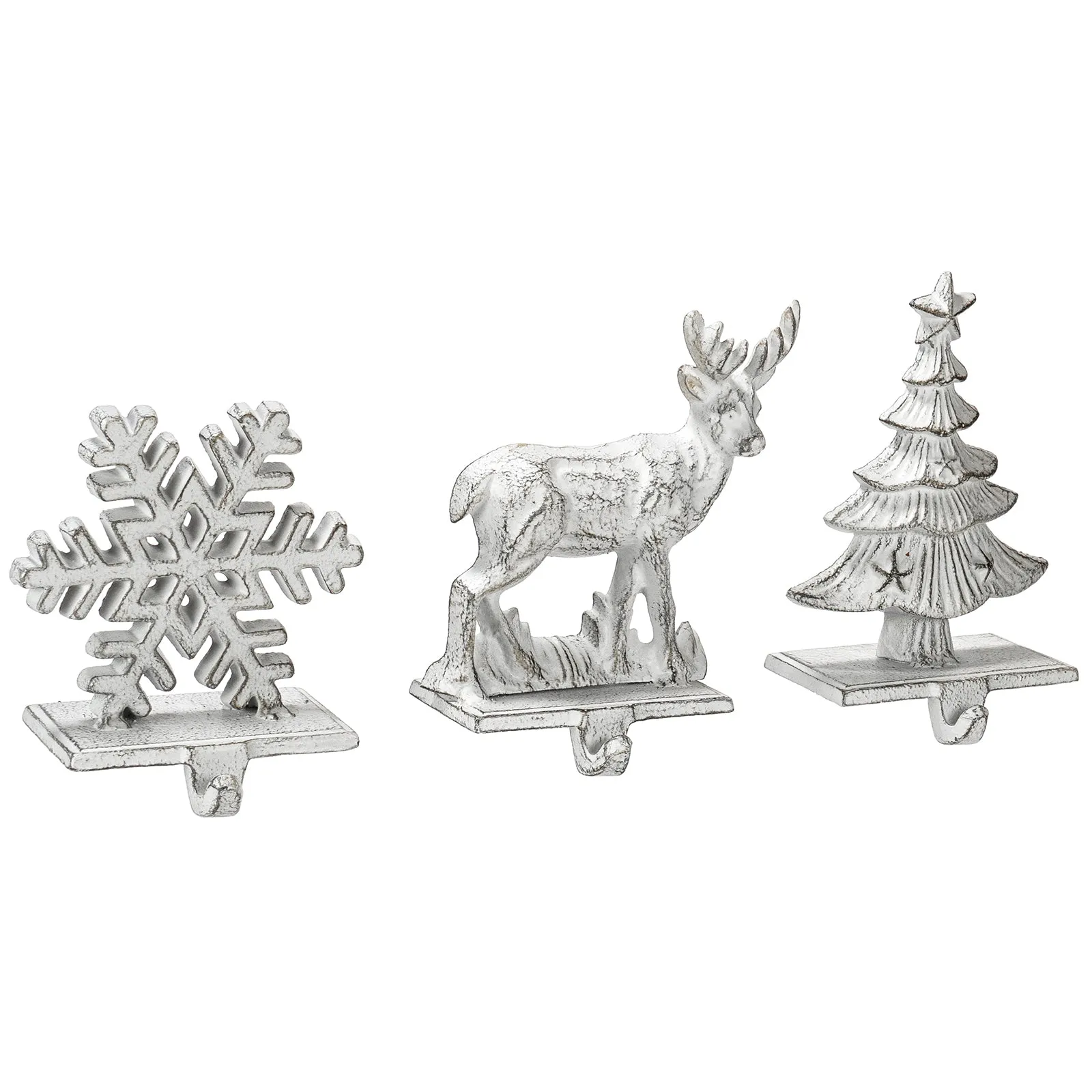 Red Co. Set of 3 Snowflake, Reindeer & Christmas Tree Decorative Cast Iron Stocking Holders