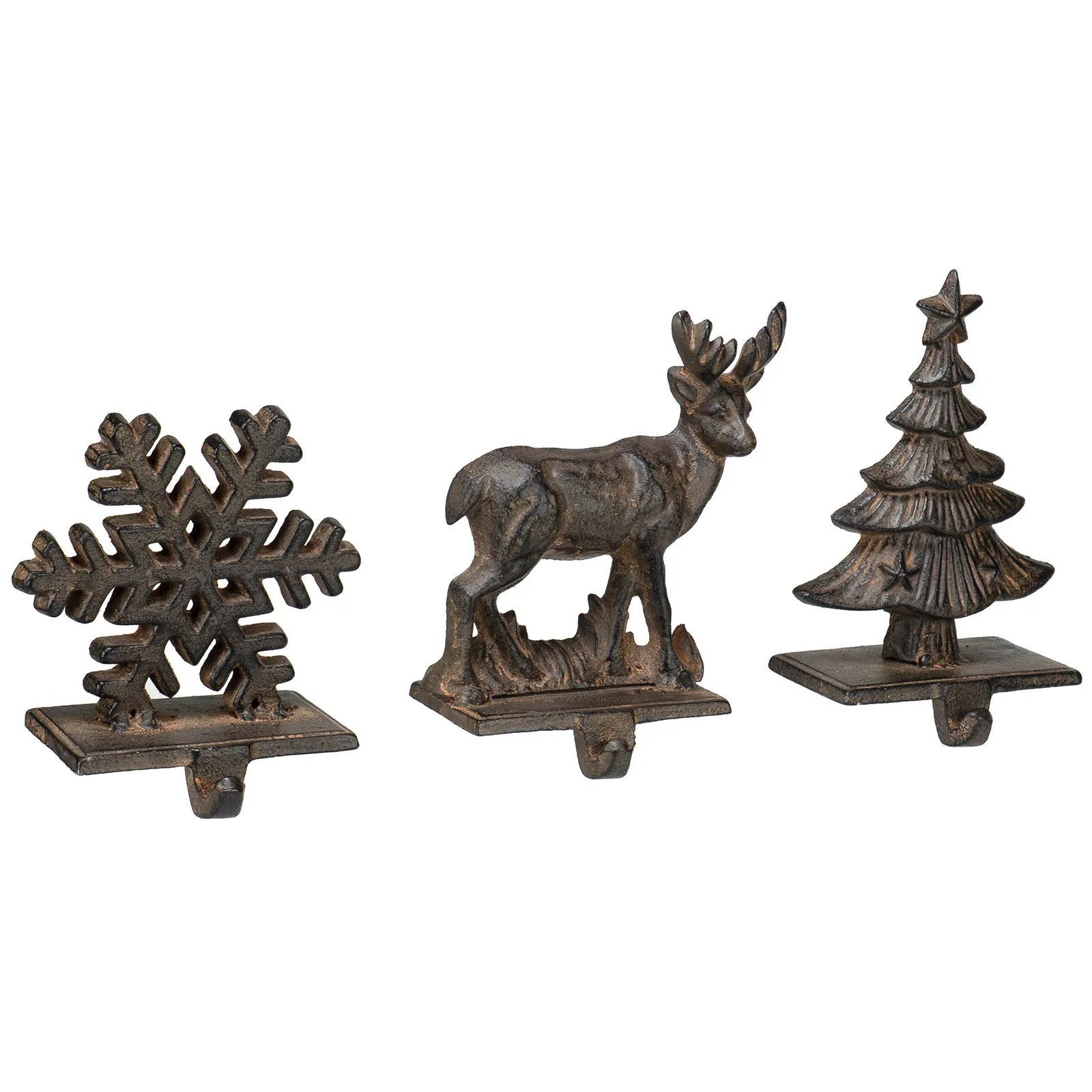 Red Co. Set of 3 Snowflake, Reindeer & Christmas Tree Decorative Cast Iron Stocking Holders