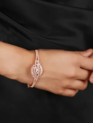 Rose Gold-Plated Bangle-Style Bracelet with American Diamonds in Floral Pattern