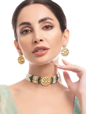 Rubans 22K Gold Plated Kundan Choker Set With Green And White Beads