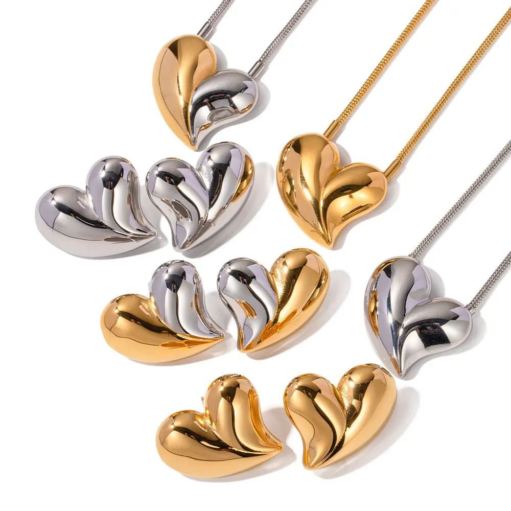 SISSLIA New 18K Gold Exaggerated Large Heart Shaped Stainless Steel Stud earrings Necklace Set for Women