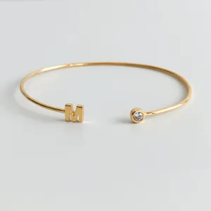 Slim Open Bangle with Initial and Diamond, Solid 14k Gold