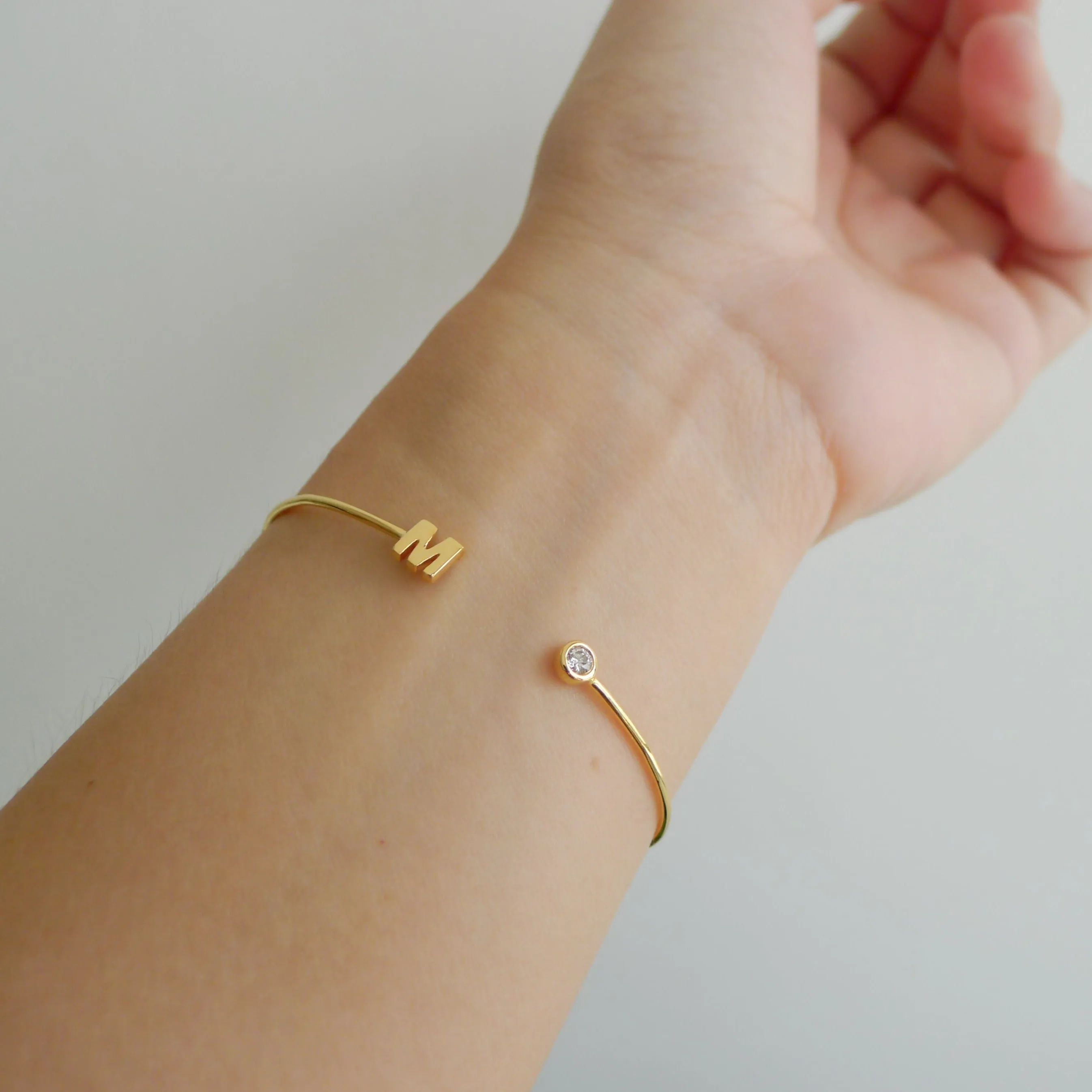 Slim Open Bangle with Initial and Diamond, Solid 14k Gold