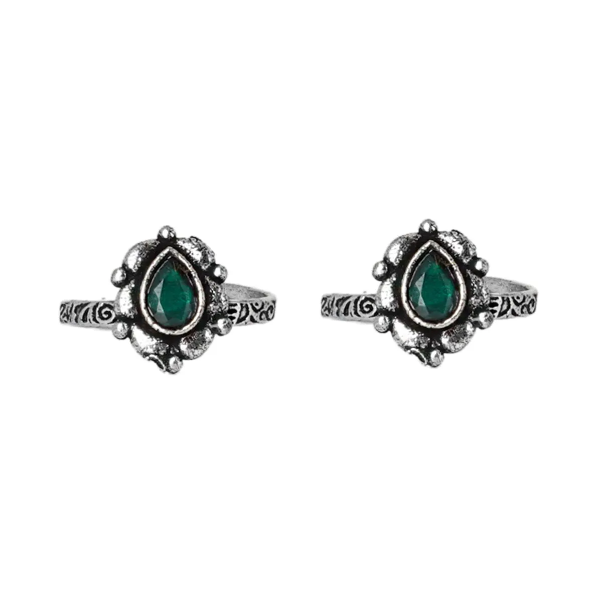 Teejh Aria Green Stone Silver Oxidised Toe Rings