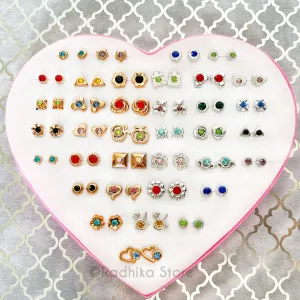 Tiny Earrings - 36 Sets - Gold and Silver Color- In Sweet Heart Box