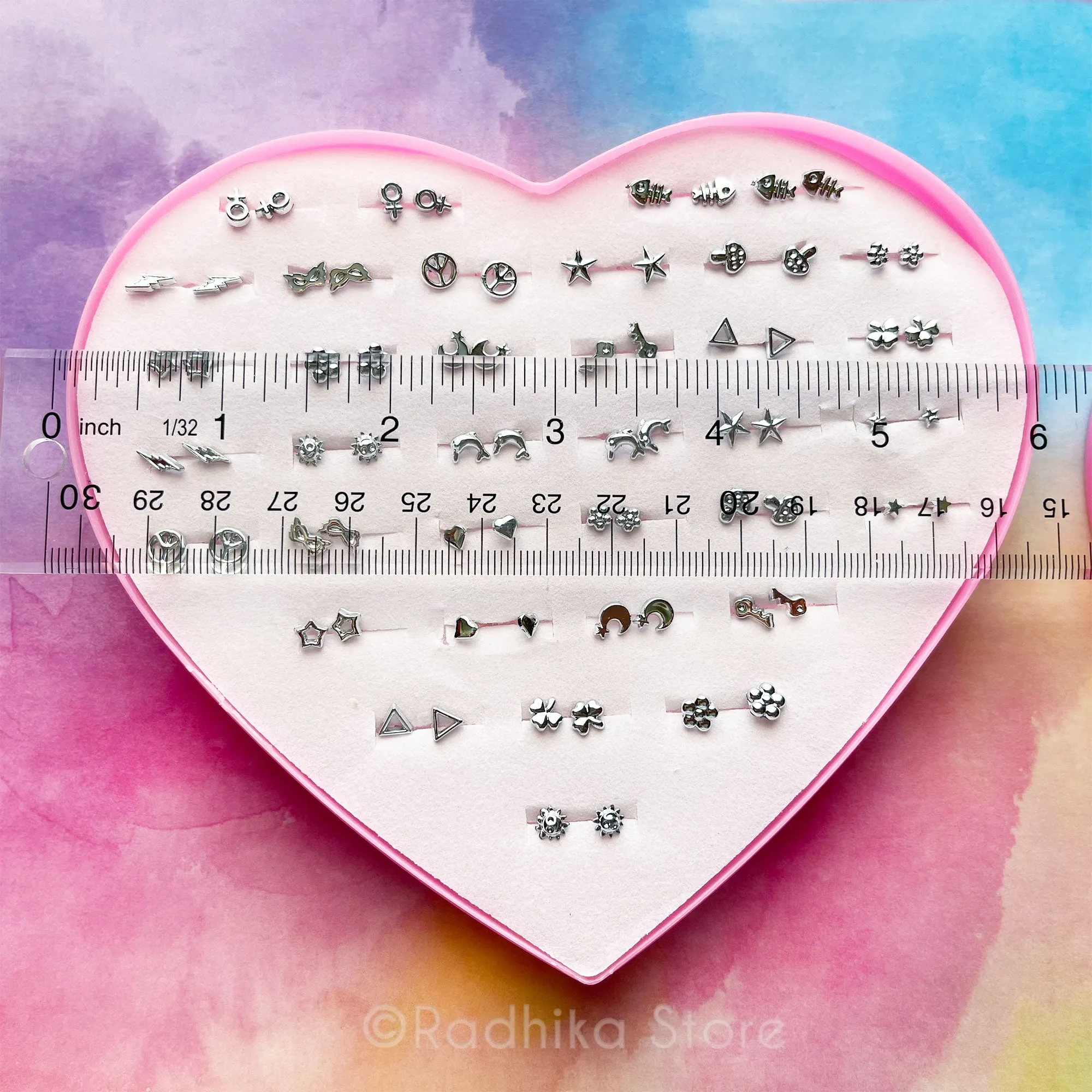 Tiny Sweet Heart Earring Box - 36 Sets - Silver Color