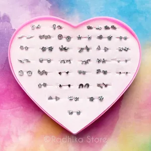 Tiny Sweet Heart Earring Box - 36 Sets - Silver Color